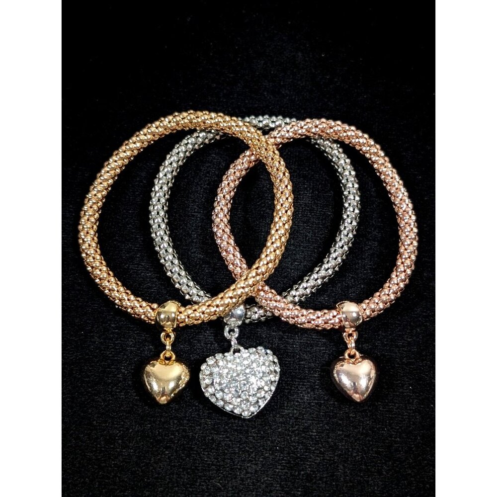 Set of 3 Tri Color Mesh Popcorn Chain Bracelet Puffy‎ Heart Charm Bracelets 7.5"
